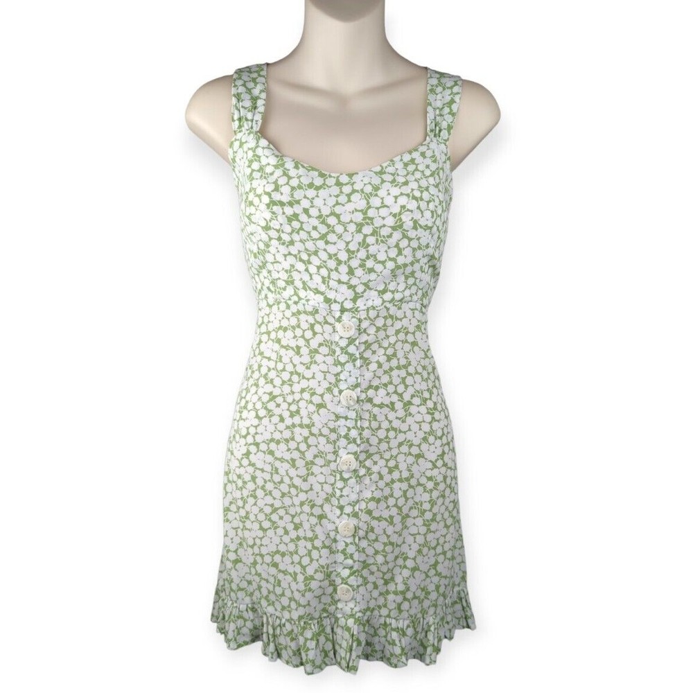 FAITHEULL THE BRANDLou Lou Mini Dress Green Floral Flirty Button Up Smocked 2